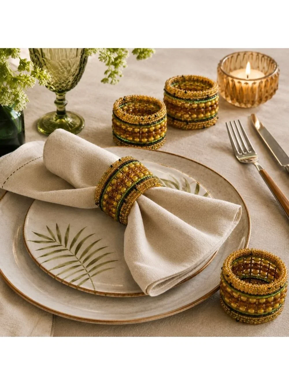 Vintage Pier 1 Imports Beaded Napkin Rings Set 4 Boho Fall Rustic Table Decor